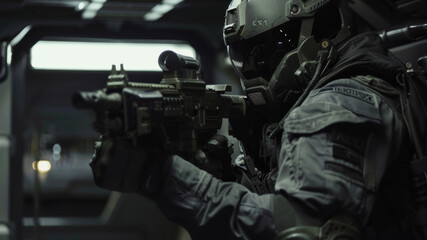 Sticker - Close-up of a tactical soldier aiming a rifle in a dim environment.