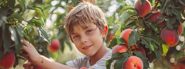 Wall Mural - the child is picking peaches. Selective focus