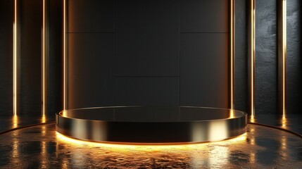 Wall Mural - A gold podium stage with a golden 3D platform light stand product on a gold background. Background podium abstract gold award scene pedestal luxury studio black display.