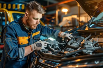 A mechanic using a scan tool to diagnose a car with an open hood revealing a clean and well maintained engine illustrating professional service