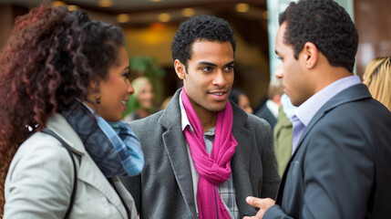 Group of cheerful positive diverse multiethnic people meeting and getting acquainted at casual business event.