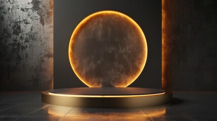 Canvas Print - A gold podium stage with a golden 3D platform light stand product on a gold background. Background podium abstract gold award scene pedestal luxury studio black display.