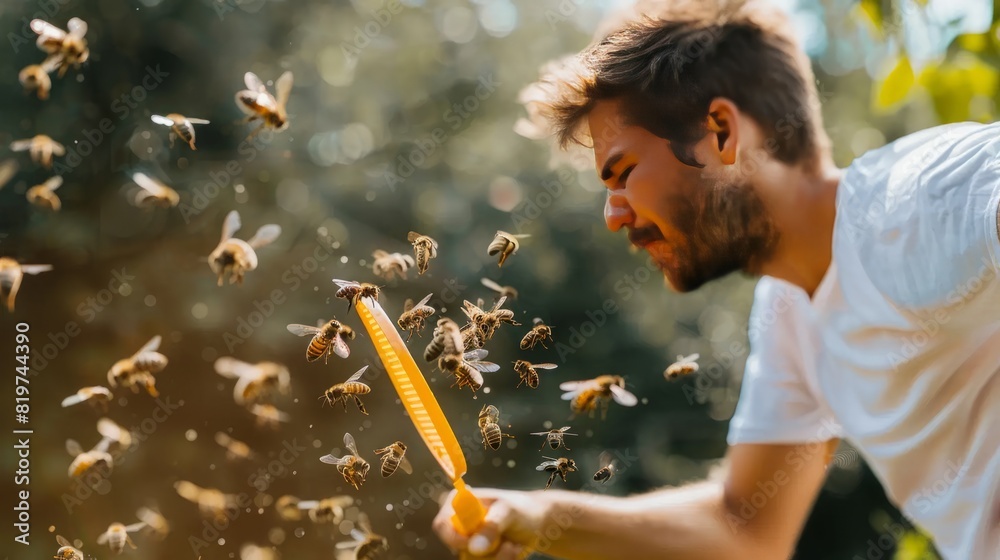 Swatting Insects with Racket Large Mosquitos Bees Flies, Zapping with ...