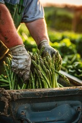 Poster - a farmer collects asparagus. Selective focus