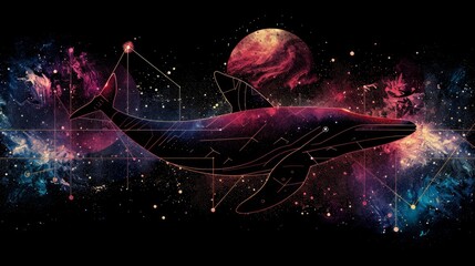 Poster - Whale on simple multicolored geometric outer space