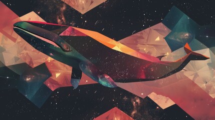 Poster - Whale on simple multicolored geometric outer space
