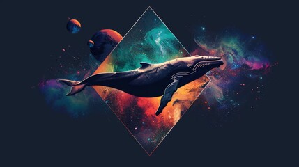 Poster - Whale on simple multicolored geometric outer space