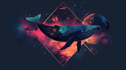 Poster - Whale on simple multicolored geometric outer space