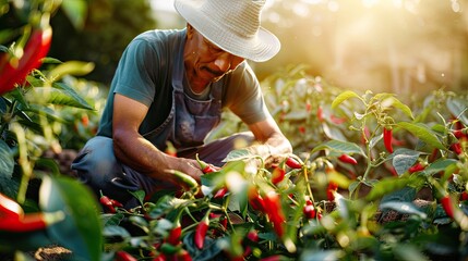 Sticker - a farmer collects pepper. Selective focus