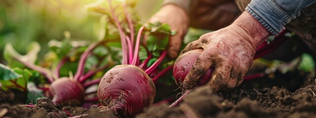 Poster - a farmer harvests beets. Selective focus