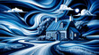 © Sihab_723k - Covering reverse coloring book, painting abstract landscape painting in monochromatic shades of blue
