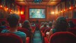 © ZethX - A cinematic shot of an indie film screening at a local theater, audience in casual attire, popcorn and drinks in hand, diverse crowd, projector light beaming