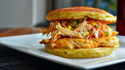 Wall Mural - Delicious venezuelan arepa filled with shredded chicken, avocado, corn, and veggies on a white plate, waiting to be savored