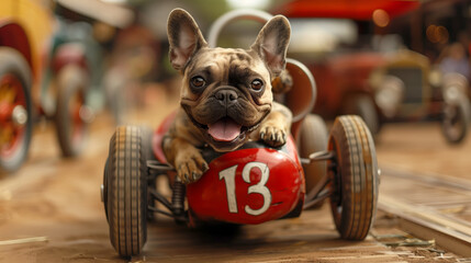 French Bulldog participating in a car race, driving a small race car around a track