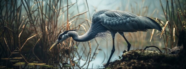 A swamp wildlife. National Park's animals. Gray crane.