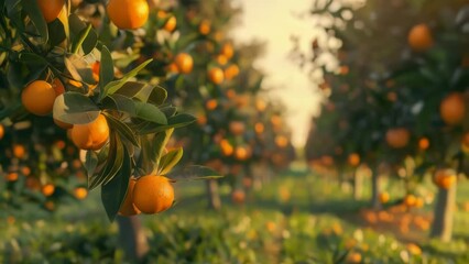 Wall Mural - A tree with many oranges hanging from it. The oranges are ripe and ready to be picked. The scene is peaceful and serene, with the bright oranges contrasting against the green leaves of the tree