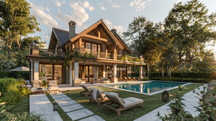 Wall Mural - a house with a pool, and swimming pool outside,Luxury stone French mansion with veranda pool and garden,rural area villa with beautiful garden decoration style inspiration
