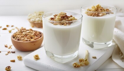Wall Mural - Gut Health Essentials: Fermented Dairy Drinks and Cottage Cheese with Granola on White Wooden Background