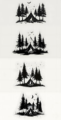 black silhouette of Campsite with tent and campfire illustration icon vector for logo, isolated on white background