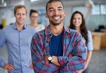 Poster - Man, employee and smile in office on portrait for career or job growth and opportunity as web designer. Confidence, people and happy or proud with teamwork and collaboration in digital agency