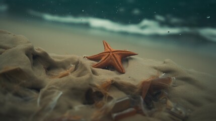 The starfish lies on the sandy bottom of the sea.