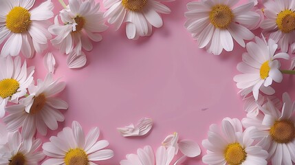 Aufkleber - An elegantly simple frame composed of empty petals from white daisy chamomile flowers, arranged on a pale pink background. top view. Generative AI.