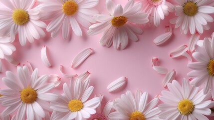 Aufkleber - An elegantly simple frame composed of empty petals from white daisy chamomile flowers, arranged on a pale pink background. top view. Generative AI.