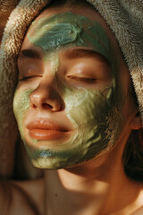 Wall Mural - close up spa studio woman detail using moisturizing hydration green face mask hyaluronic acid serum,