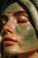 Wall Mural - close up spa studio woman detail using moisturizing hydration green face mask hyaluronic acid serum,