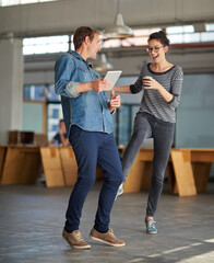 Poster - Tablet, business partners or creative people for celebration, communication and preview of online store. Smiling, man and woman with tech together for teamwork, collaboration and social media post