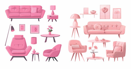 Poster - The  set for the living room is made up of chairs, tables, lamps, a Scandinavian picture, flowers in vases and a sofa.