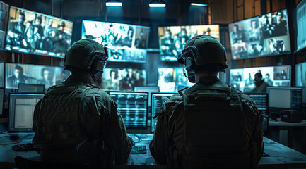 Fototapete - In the central office, Control and Monitoring for managing national security, military surveillance officers use computer screens. Generative AI.