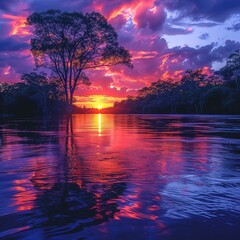 Flooded amazonian rainforest in Negro River at sunset time, Amazonas, Brazil Please provide high-resolution