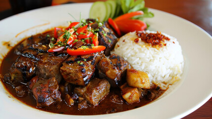 Wall Mural - Traditional tanzanian beef stew with white rice and fresh vegetable garnish, showcasing the flavors of east african cuisine