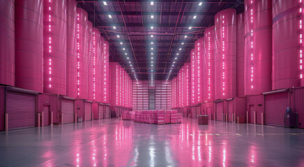 Poster - Giant depot with pink package from floor to ceiling. Generative AI.