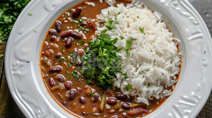 Wall Mural - Traditional tanzanian rice and bean dish garnished with fresh parsley, presented on an elegant white platter