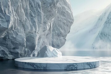 mockup of a podium that stands on a iceberg for a product presentation, on background cold snow-capped mountains and ice, generative ai. Beautiful simple AI generated image in 4K, unique.