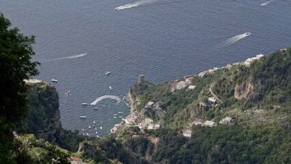 Wall Mural - Landscape view of the Path of the Gods Trials on Amalfi Coast and driving boats in Italy