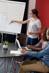 Poster - Business woman, whiteboard and pointing with meeting for coaching or presentation in conferece at office. Female person or employee training staff or team on flipchart for project plan or discussion