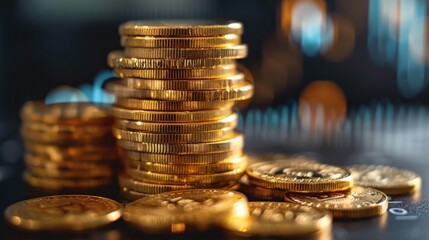 Poster - Concept and design for businesses, finance, marketing, and e-commerce, With a stack of coins on a black wooden table and a profit graph, success has been achieved. Generative AI.