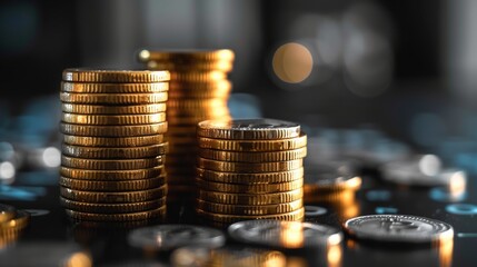 Poster - Concept and design for businesses, finance, marketing, and e-commerce, With a stack of coins on a black wooden table and a profit graph, success has been achieved. Generative AI.
