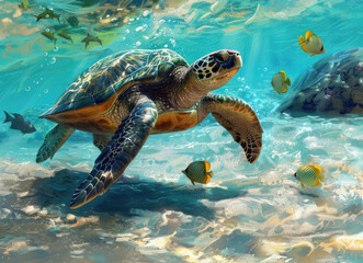 Wall Mural - A sea turtle swimming near the ocean floor, surrounded colorful fish in clear blue water.