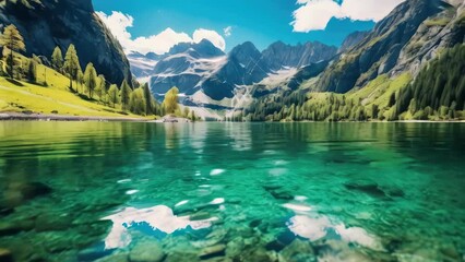 Wall Mural - A beautiful lake surrounded by mountains with a clear blue water. The scene is peaceful and serene, making it a perfect place to relax and enjoy nature