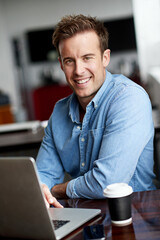 Poster - Smile, portrait and business man with laptop in office, web solution and digital information. Software developer, male employee and computer for scroll email, web search and application inspection