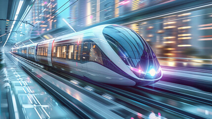 Aufkleber - Modern train speeding through a futuristic urban landscape with transparent tunnels on white solid background. Generative AI.