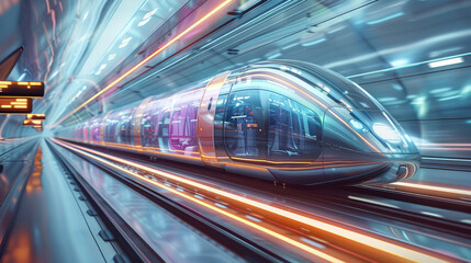 Aufkleber - Modern train speeding through a futuristic urban landscape with transparent tunnels on white solid background. Generative AI.