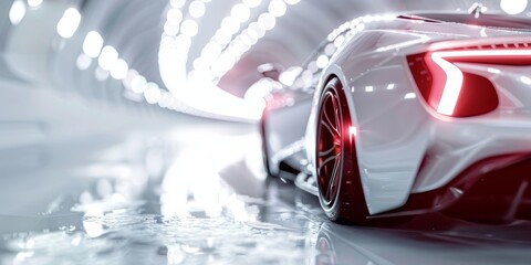 Close-up of a futuristic car with glowing red lights and sleek design, illuminated in a modern tunnel with a blurry white light background