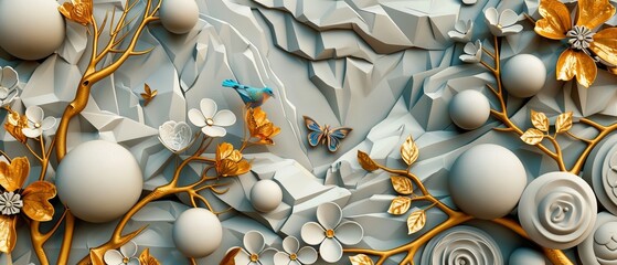 Aufkleber - The Japanese icons feature gold geometric symbols and nature elements for decoration. The Japanese icon moderns feature flowers, trees, and birds.