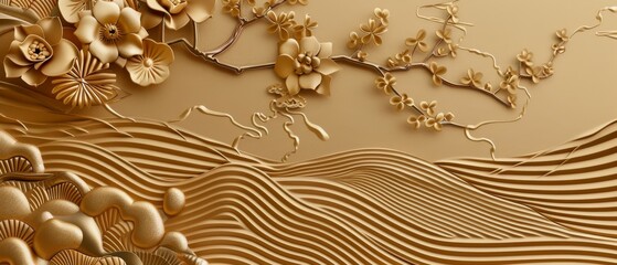 Poster - A Japanese pattern modern with a gold geometric background template. The pattern consists of flowers, waves and trees.