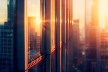 Wall Mural - City window office, modern building. Skyscraper facade architecture in business wall exterior. Urban downtown at sunset, construction center. Glass view reflection, futuristic